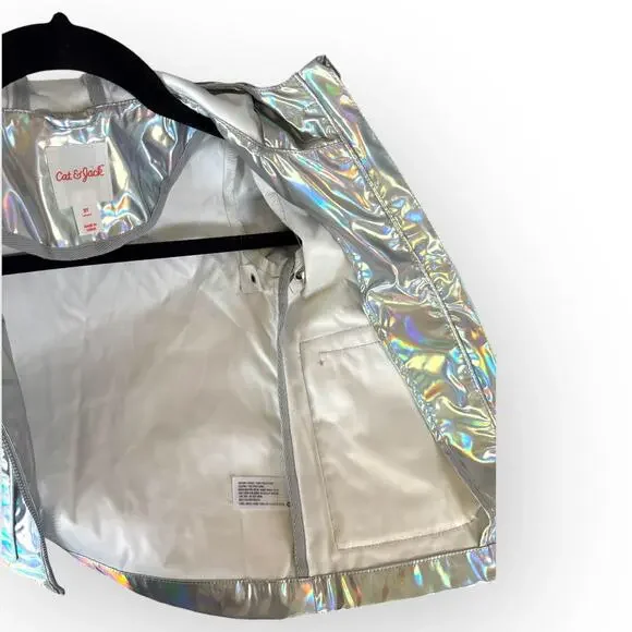 Cat & Jack Girls/Unisex Kids Rainbow Metallic Rain Jacket  Sz 2T | Hood Pockets - Picture 5 of 6